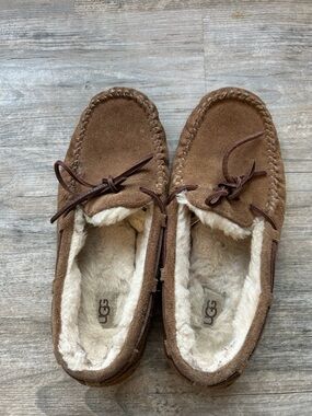UGG Chestnut Brown Suede Moccasin Slippers with Cream Shearling